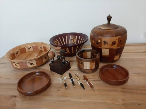woodwork art pots pens and plates